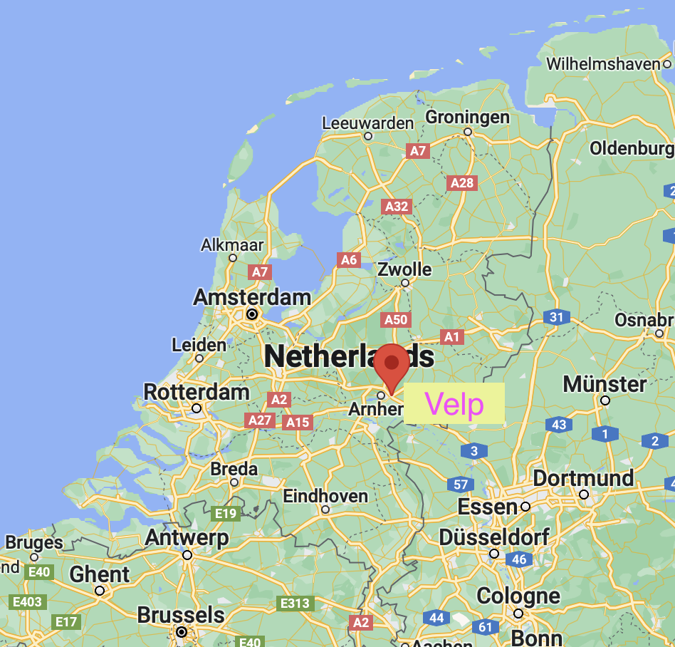 Map of the Netherlands with a location pin on the city of Velp.