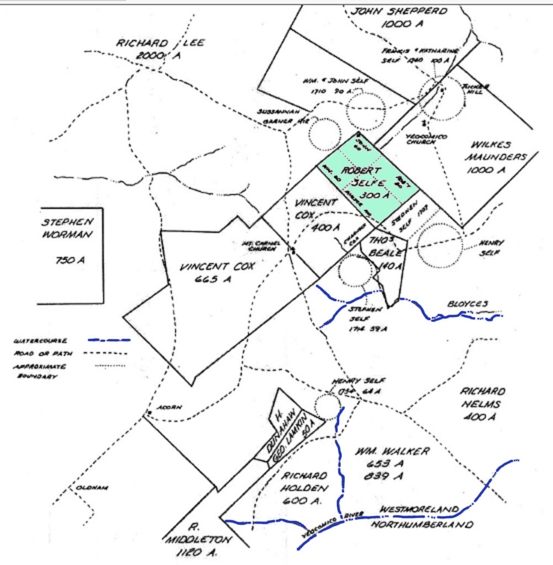 Map of the area of Robert Selfe's 300 acres and the surrounding parcels with their associated owners.